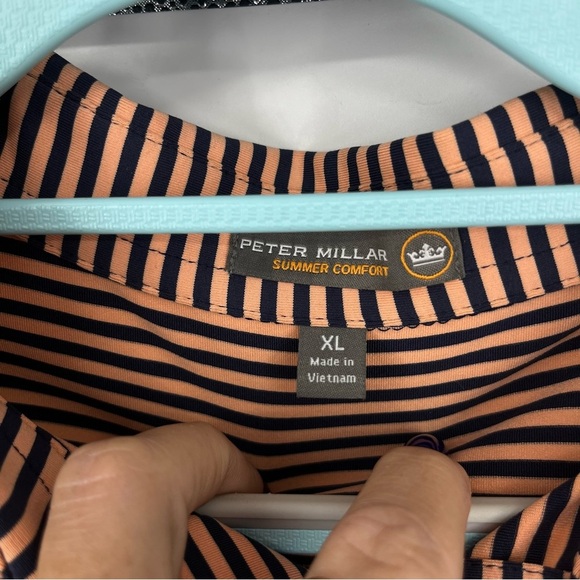 Peter Millar Summer Comfort Peach Navy Striped Performance Golf Polo Shirt - Picture 2 of 10
